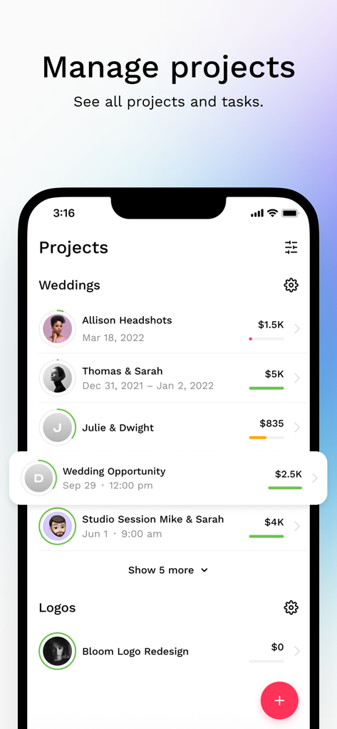 Bloom - The Invoice & CRM App - Captura de pantalla de la interfaz de gestión de proyectos de la aplicación Bloom CRM que muestra una lista de proyectos de bodas y diseño, incluyendo presupuestos y fechas.