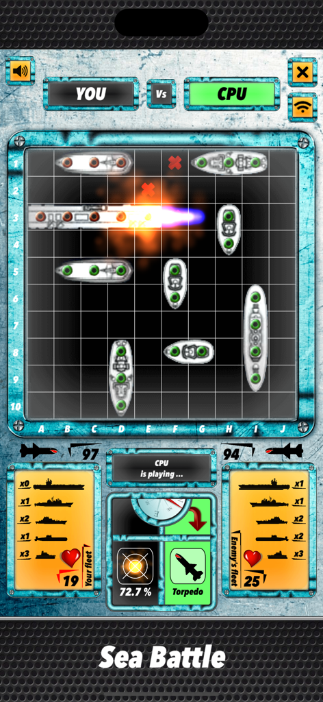 Gameplay of Sea Battle board game showing a hit on a naval ship during a match against the computer