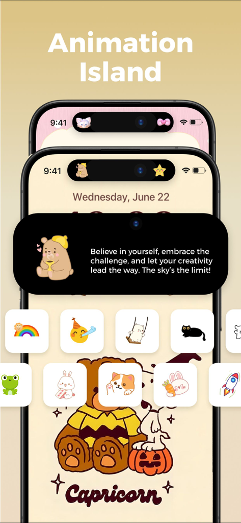Anpassbare Dynamic Island-Animationen mit niedlichen Charakteren und inspirierenden Zitaten zur Personalisierung des iPhone-Startbildschirms