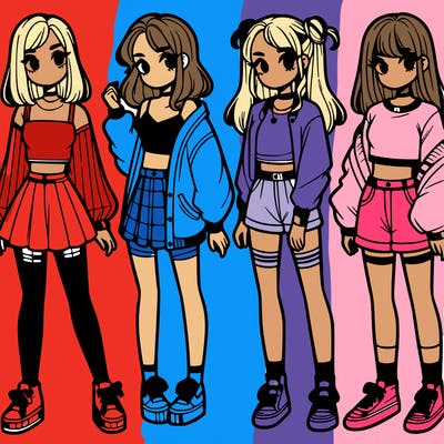 one girl with crop-top shirt and a jacket with a skirt, long socks and another girl with a shirt and pants with a jacket