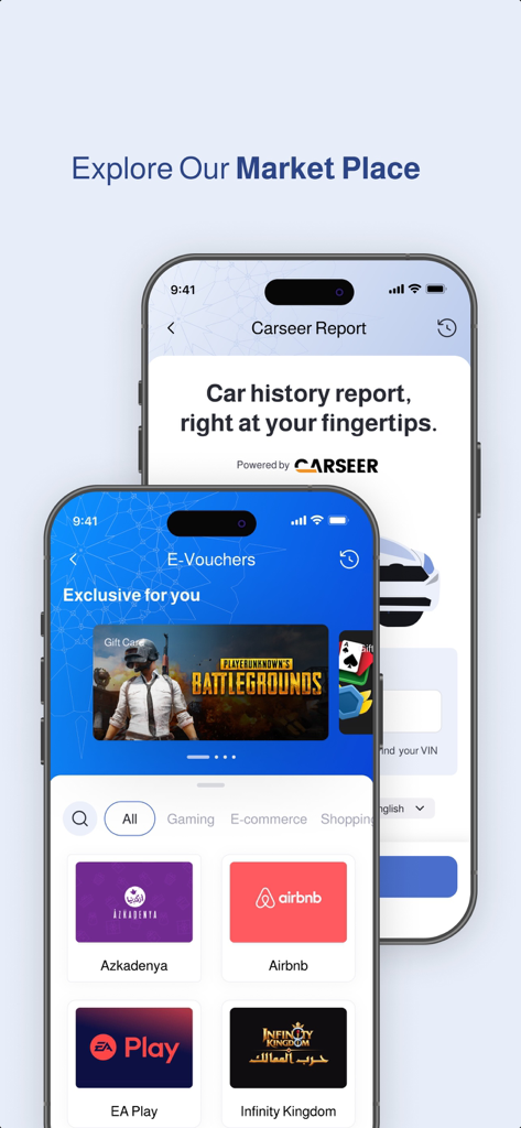 Arabi Islami Mobile - Mercado de la aplicación Arabi Islami Mobile que muestra cupones electrónicos para juegos, Airbnb e informes de historial de automóviles.