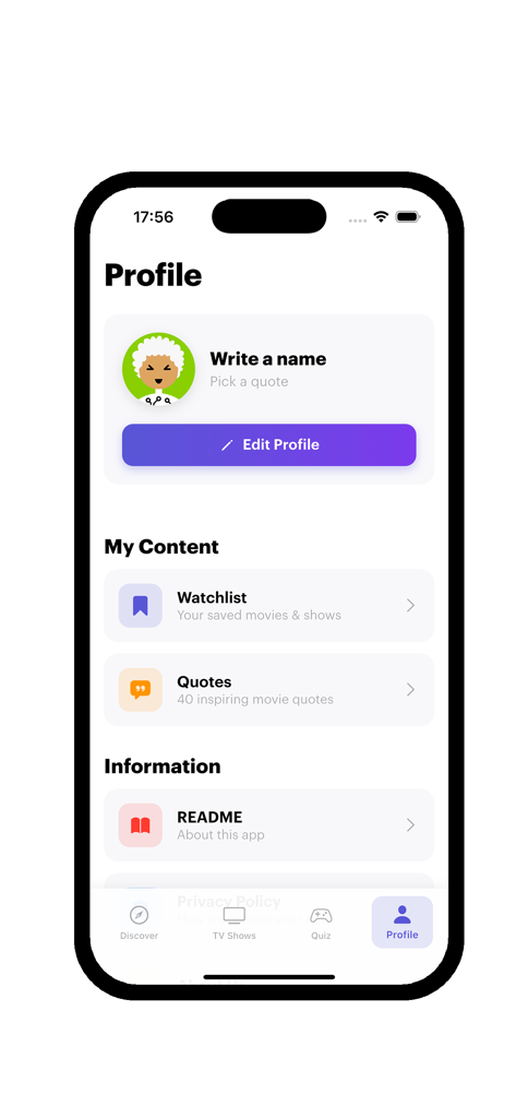 Cintraily - Movies & Shows - Écran de profil de l'application Cintraily montrant les paramètres utilisateur, la liste de surveillance et les sections de citations de films.