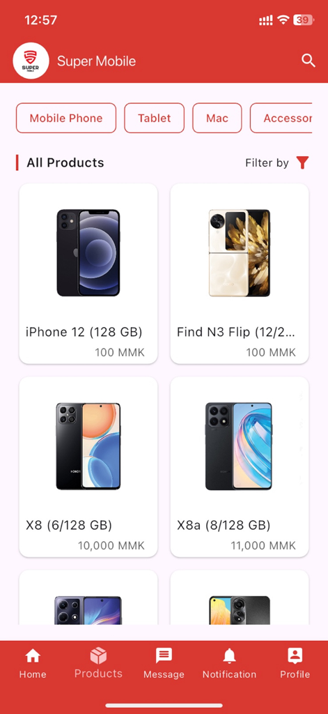 Supermobile Chat - Interface of Supermobile Chat app showing a product catalog with various mobile phones and categories