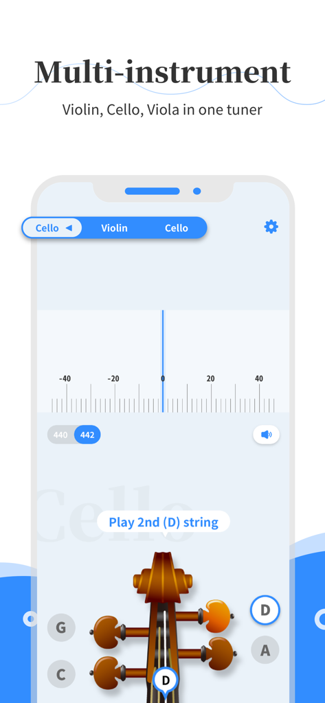 Interface de l'application Simply Tuner montrant un accordeur multi-instruments pour violon, violoncelle et alto
