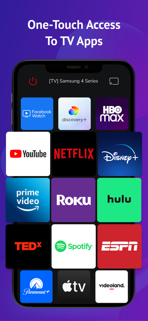 TV Remote - Universal Control• - Mobile app interface showing one-touch access to streaming apps like Netflix, YouTube, and Disney Plus on a smartphone.