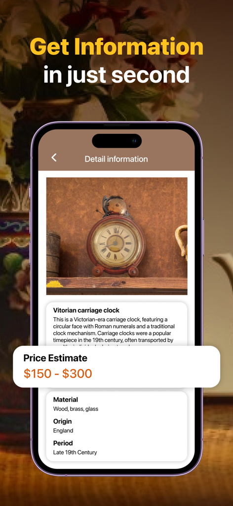 Antique Identifier By Picture. - Antique Identifier app screen showing a Victorian carriage clock with a price estimate of 150 to 300 dollars
