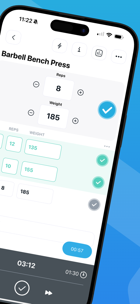 Interface of Fitlist app showing weight and rep tracking for barbell bench press