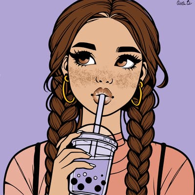 realistic girl with braided hair drinking boba