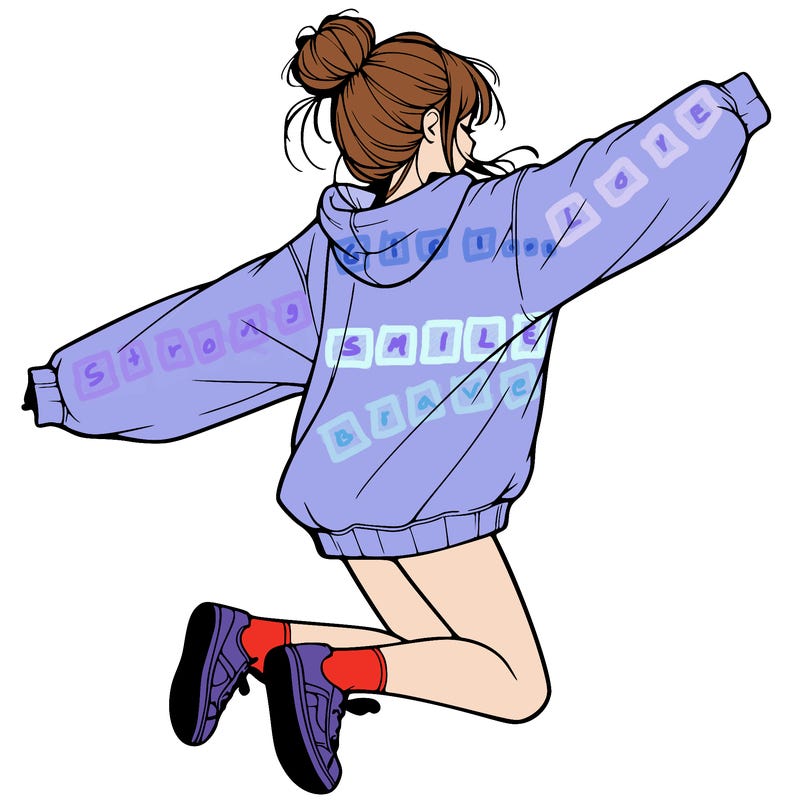 realistic girl jumping with a bun and oversized sweatshirt