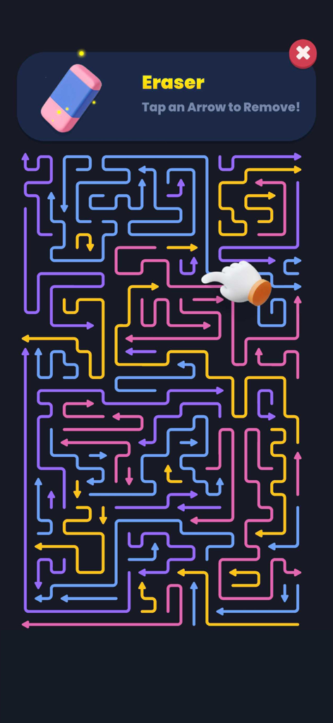 Arrow Out - Captura de tela da jogabilidade do Arrow Out mostrando a ferramenta de reforço de borracha e um labirinto complexo de setas coloridas em um fundo escuro