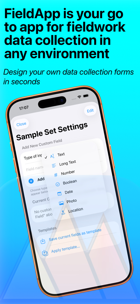 FieldApp Notebook interface showing custom field selection for fieldwork data collection forms on an iPhone