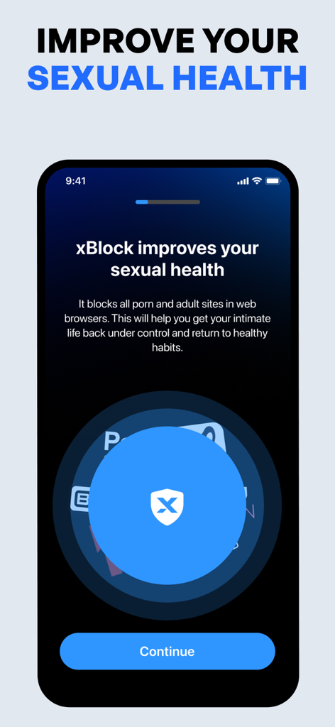 xBlock - Porn Blocker | No Nut - Einführungsbildschirm der xBlock App mit Fokus auf die Verbesserung der sexuellen Gesundheit.