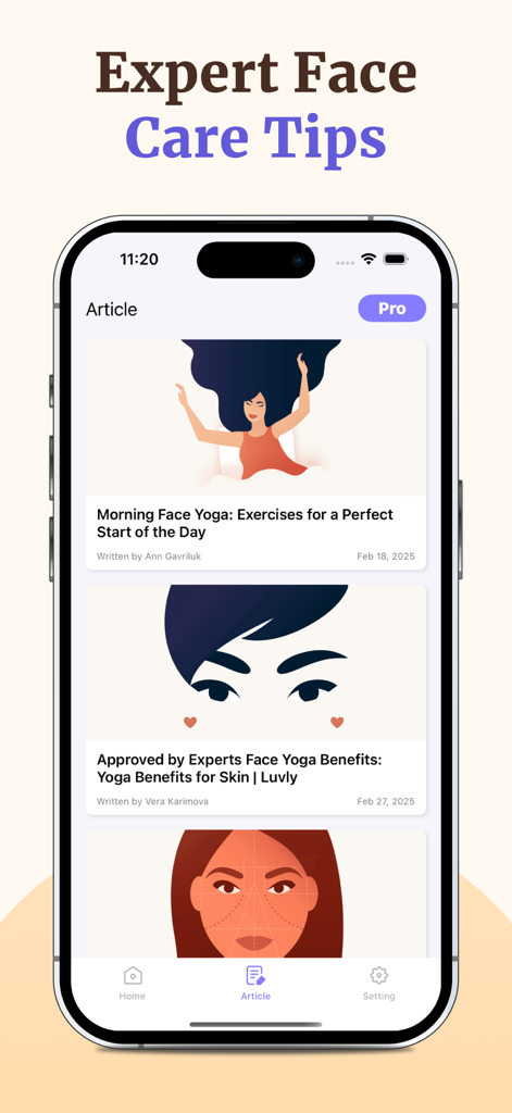 Yoga Facial Face Yoga Exercise - A mobile app screen displaying a list of expert face care articles and yoga exercise guides.