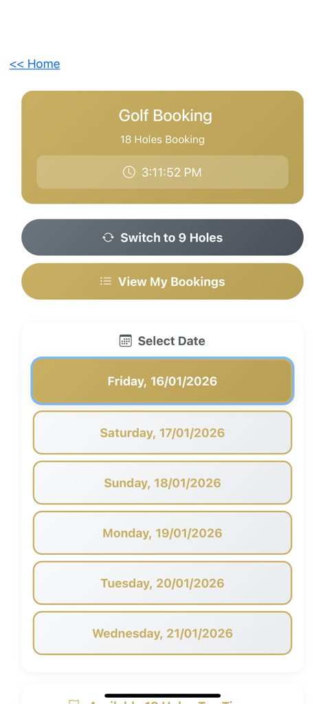 SICC - SICC app screen for booking 18 hole golf sessions with date selection options
