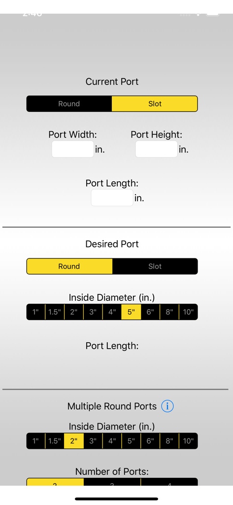 Kicker U - Kicker U app interface for calculating subwoofer box port dimensions and conversions.