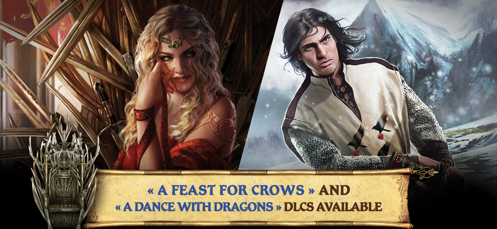 Cersei Lannister를 특징으로 하는 Feast for Crows 및 Dance with Dragons DLC 확장팩을 발표하는 왕좌의 게임 디지털 보드 게임의 프로모션 배너
