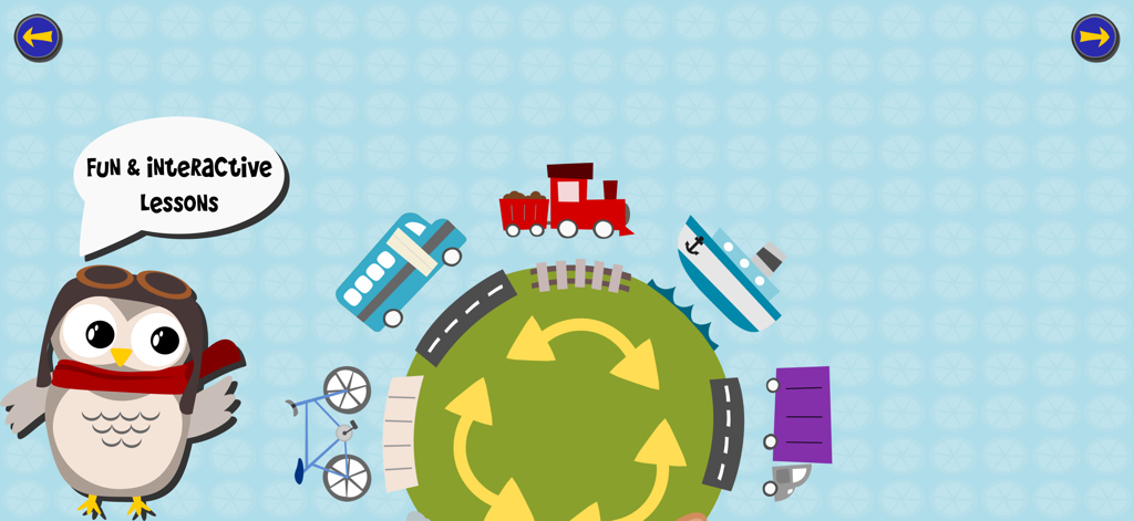 Gus on the Go: Spanish - Gus the owl character introducing fun and interactive Spanish lessons with transportation icons