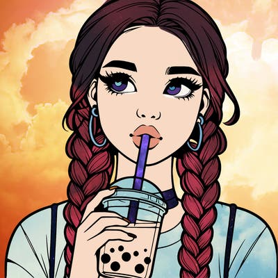 realistic girl with braided hair drinking boba