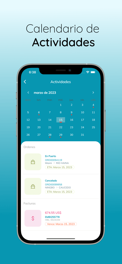 McLogs - McLogs app activity calendar displaying shipping order statuses and invoices for logistics management