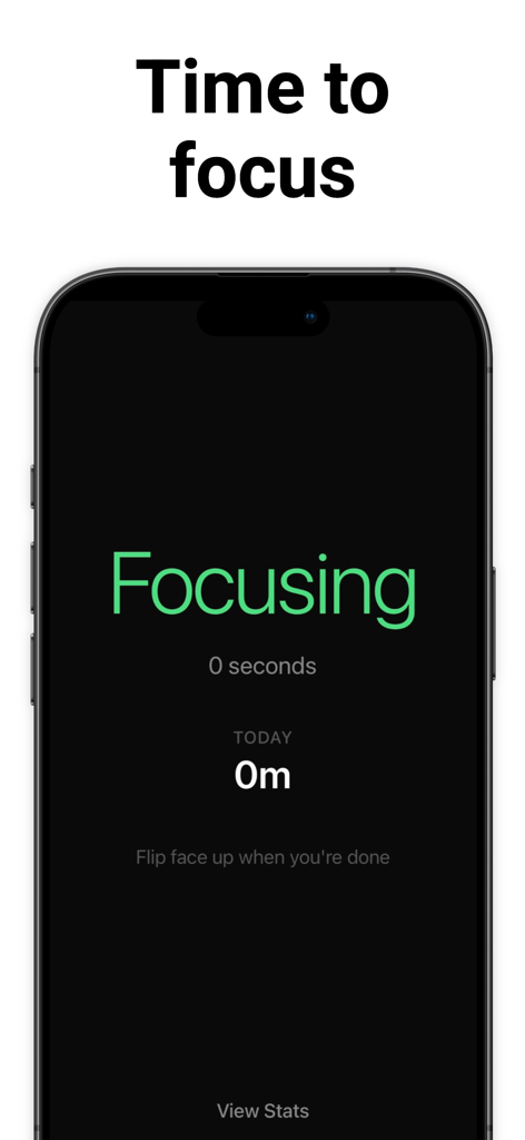 A smartphone showing the Flip to Focus app active session screen with a minimalist dark interface and green text