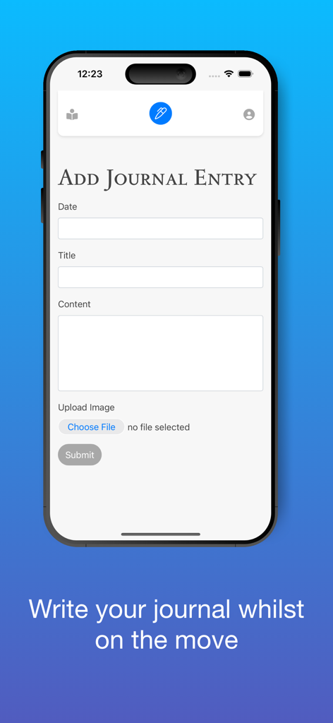 Personal Daily Diary Journal - Interface for adding a new journal entry with fields for date title content and photo upload