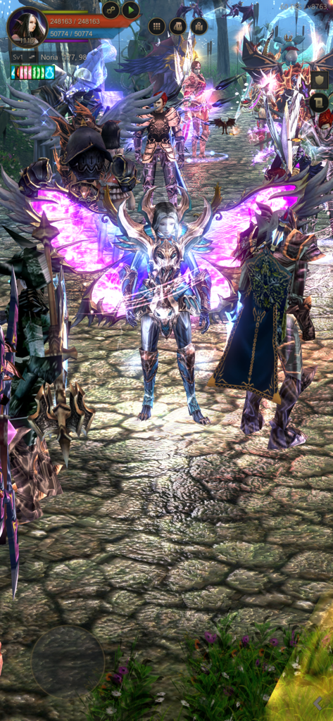 MEGAMU - Mobile gameplay of MEGAMU featuring a hero with glowing purple wings and fantasy armor