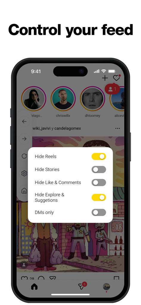 BackToLife Feed - Interface do aplicativo BackToLife Feed mostrando alternâncias para ocultar Reels e Explore do Instagram.