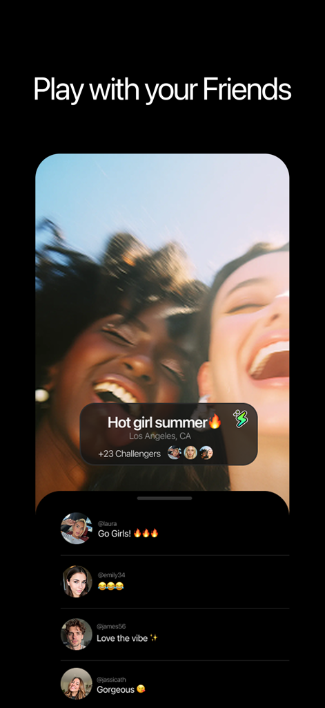 Waveful - Become a Creator - Una captura de pantalla de la aplicación Waveful que muestra una publicación social con amigos riendo y una sección de comentarios llena de interacciones comunitarias positivas.