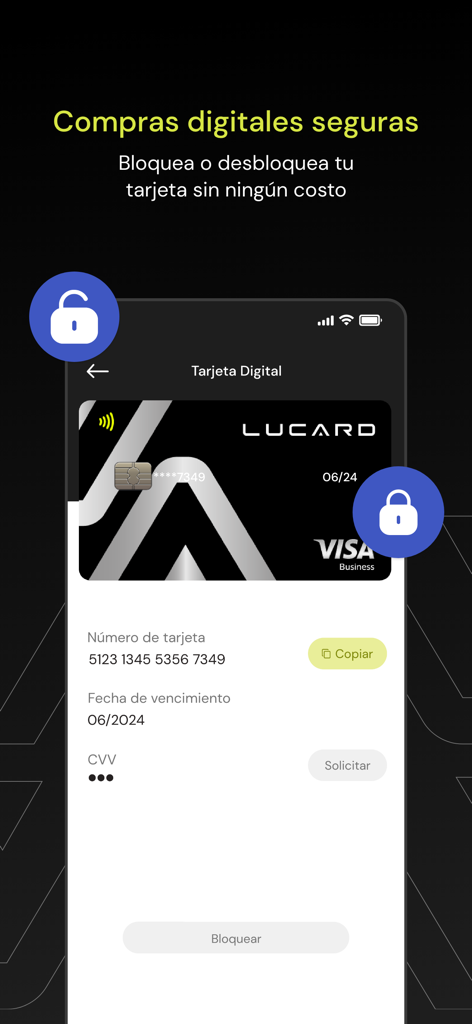 Lucard MX - Digital Visa Business card interface in the Lucard MX app with security locking features