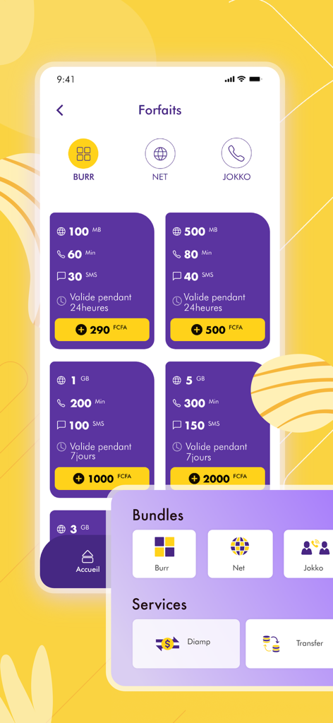 Captura de pantalla de la aplicación My Expresso que muestra varios paquetes de datos y llamadas móviles con precios en FCFA.