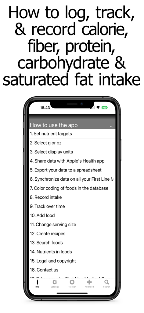 Macro Counter and Tracker - Una lista de instrucciones en la pantalla de un iPhone que muestra cómo registrar y rastrear calorías, fibra y macros en la aplicación.