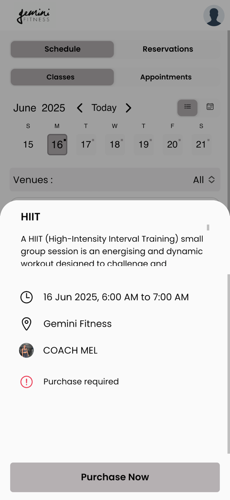 Gemini Fitness - Página de agendamento de aulas de HIIT no aplicativo Gemini Fitness mostrando detalhes da sessão e um botão de compra.