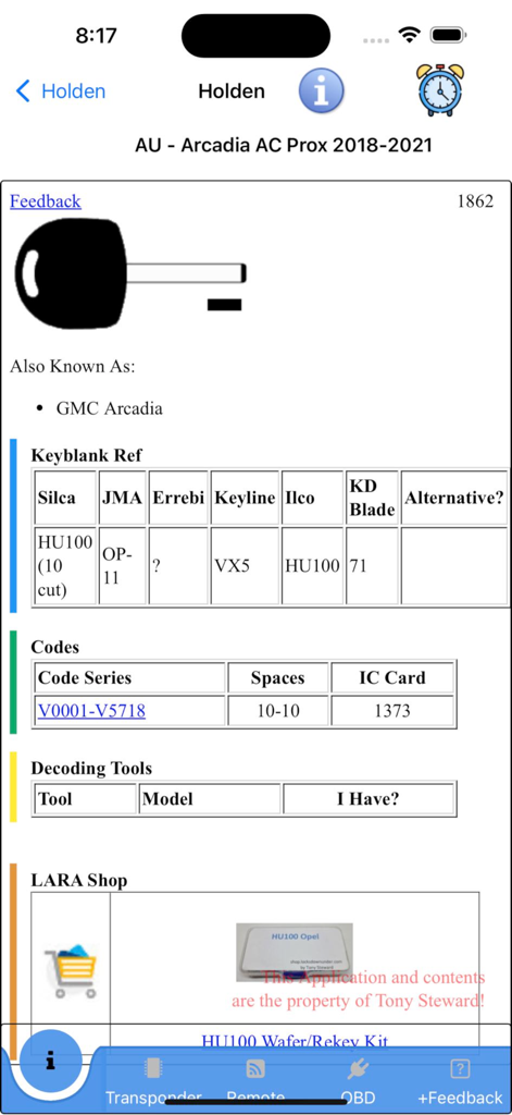 LARA Lock Reader Assistant - Especificações técnicas de chaves de veículos, incluindo lâminas e séries de códigos no aplicativo LARA