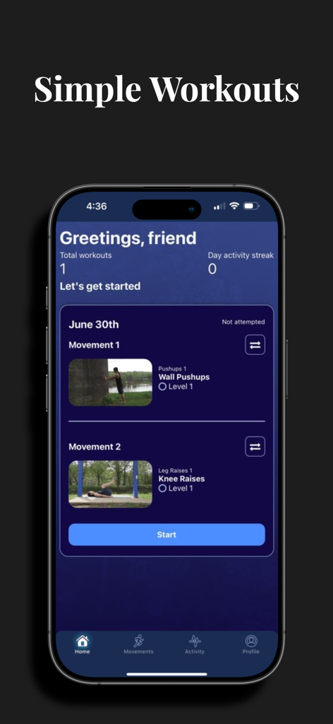 Home screen of the Hybrid Calisthenics app displaying a simple daily workout plan