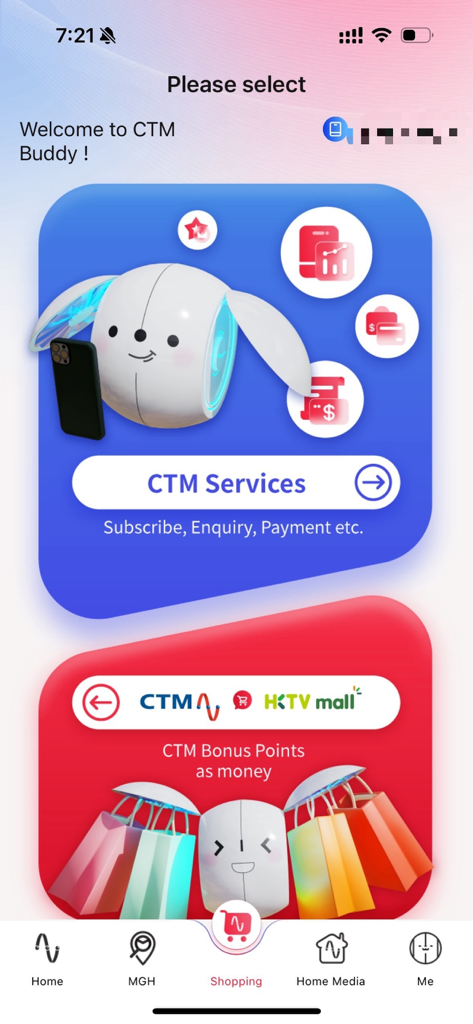 Home screen of the CTM Buddy app showing service management and bonus points rewards sections