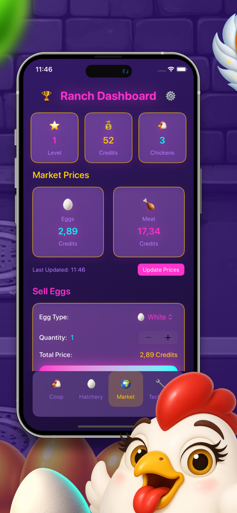 Nest Stories: Windward Path - Ranch dashboard of Nest Stories app showing egg market prices and farm management stats