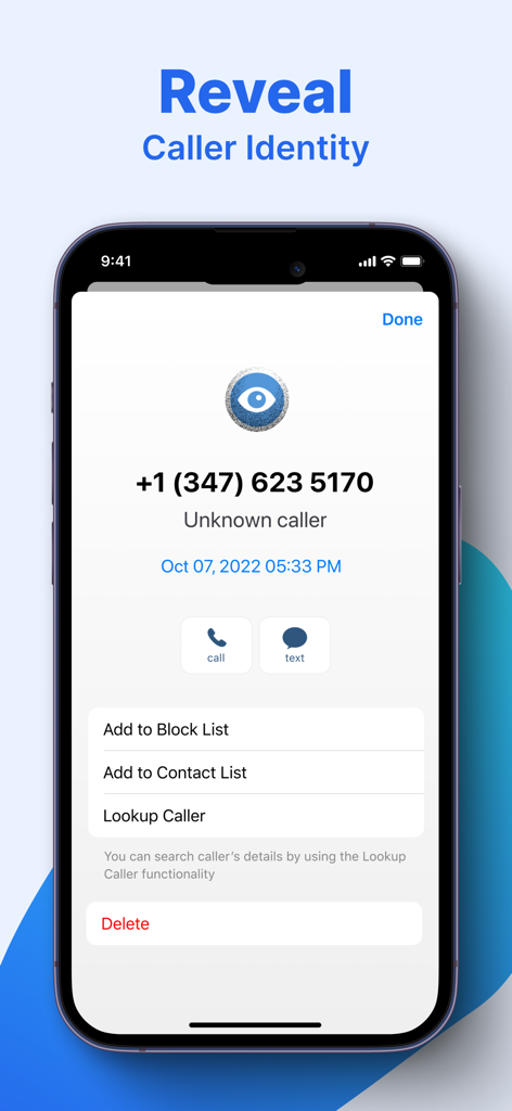 TrapCall app interface showing a revealed phone number for an unknown caller with options to block or lookup the caller