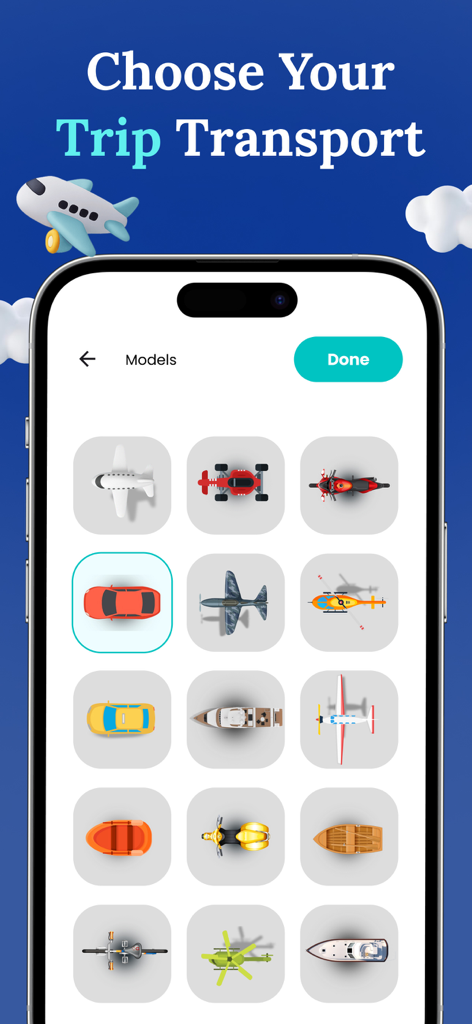 A mobile screen showing a selection of transport icons like planes, cars, and boats for travel route animation videos.