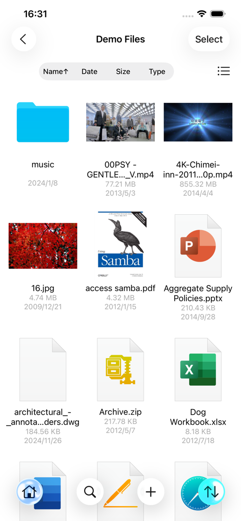 Interface of FTPManager Pro showing a grid of various file types including videos photos and documents