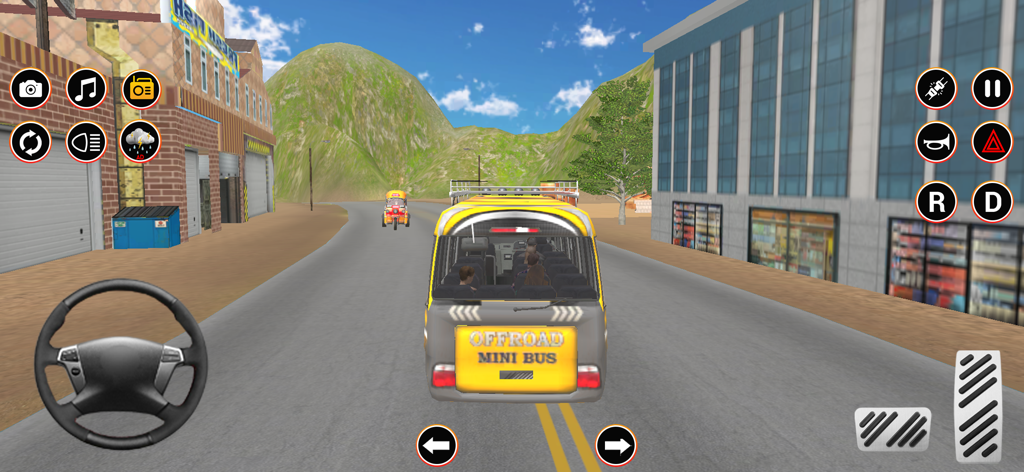 A yellow mini coach bus driving on a road with on-screen steering and pedals.