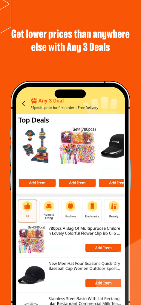 Screenshot of Daraz Online Shopping App showing the Any 3 Deals section with discounted products and category icons