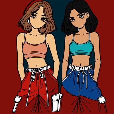 two girls with crop top with baggy pants