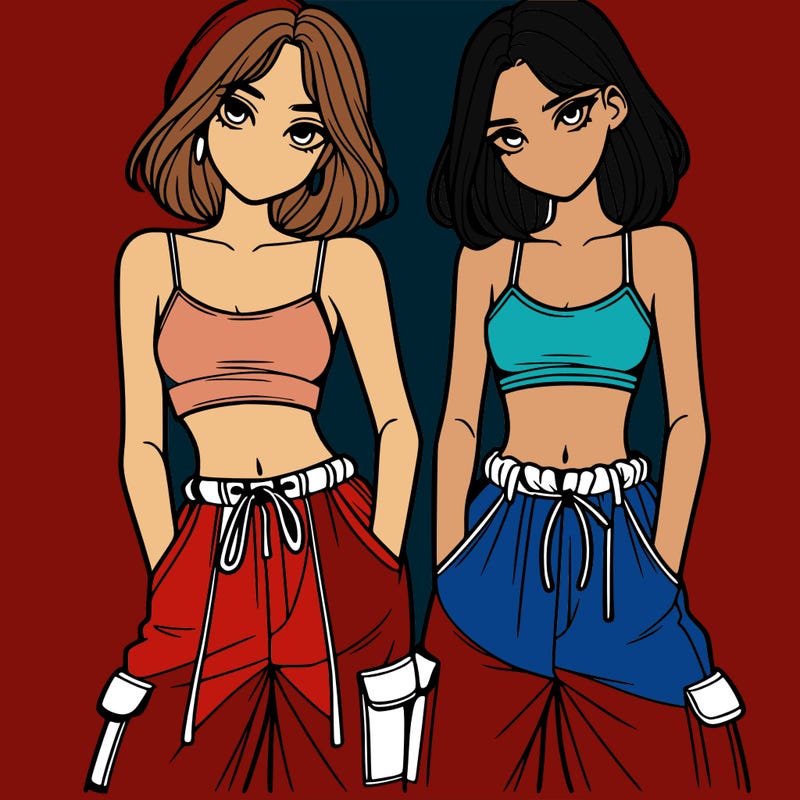 two girls with crop top with baggy pants