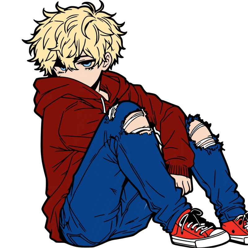 a male hoddie ripped jeans messy hair anime