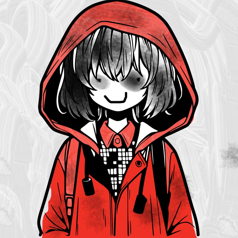 little anime girl in a raincoat her hair is covering her eyes she has a lighter