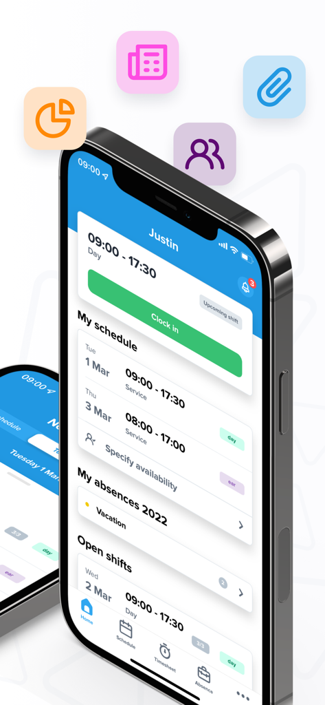 Interface da aplicação móvel Shiftbase mostrando a escala de trabalho do funcionário e funcionalidades de registo de ponto
