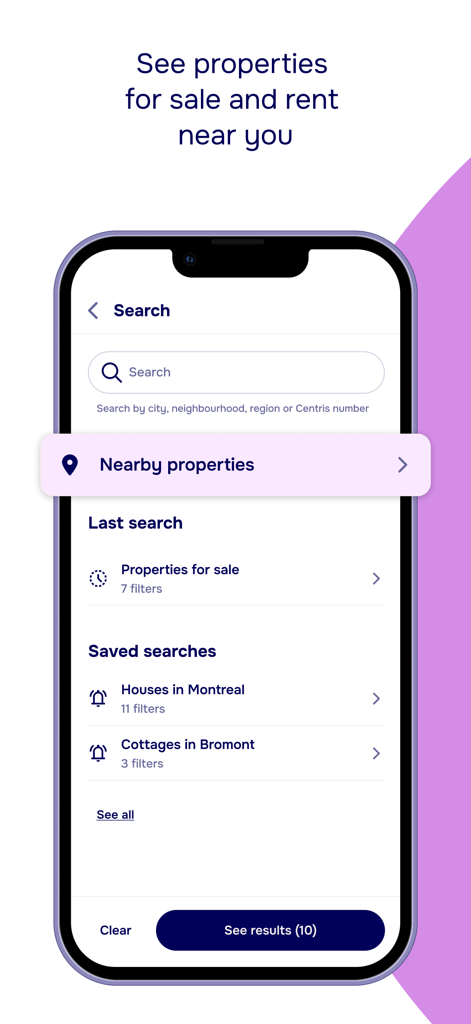 Centris.ca - Real Estate - Interfaz de búsqueda de la aplicación inmobiliaria Centris mostrando propiedades cercanas y resultados de búsqueda guardados para Montreal y Bromont.