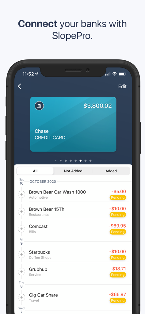 Slope - Finance Tracker - iPhone screen showing the Slope app with a connected bank account and recent transaction history
