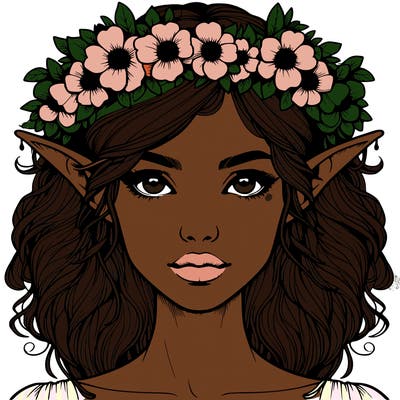 realistic female elf with flower crown