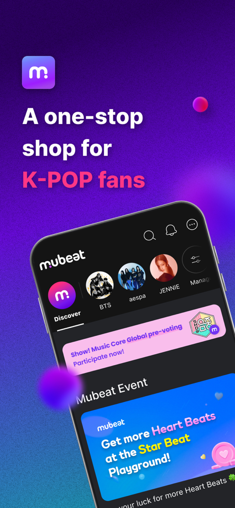 Mubeat app interface for Kpop fans showing artist channels and global voting options